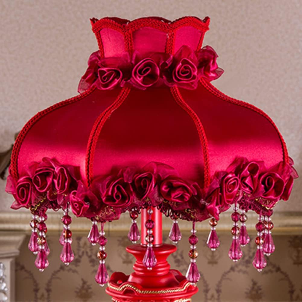 Red Victorian Lamp Antique Fabric Table Lamp European Pastoral Night Stand Lamp 1 Head Flower Floral Table Light with Beaded Fringe and Lace