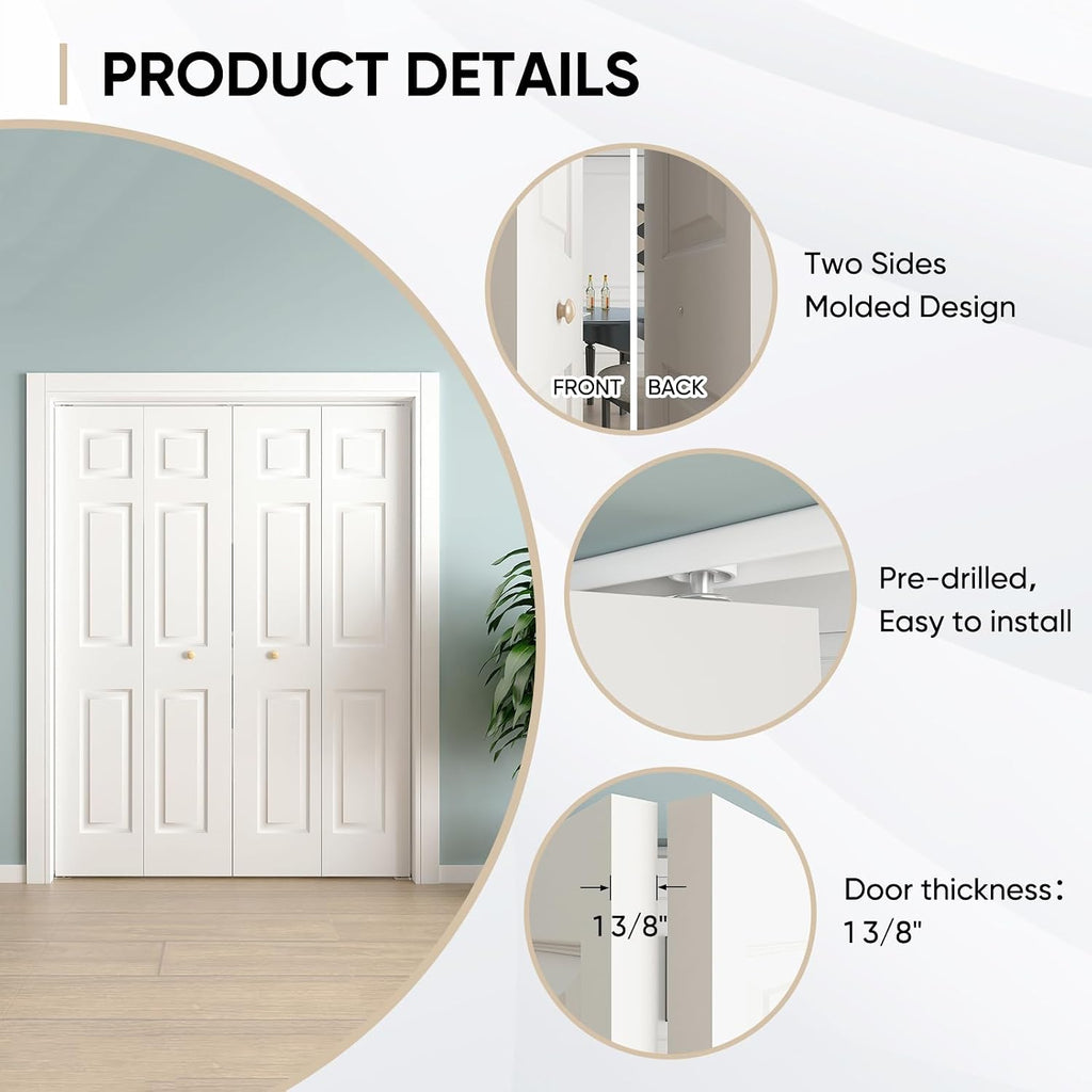 JUBEST Bifold Doors, 6 Panel Primed Bifold Closet Doors for 60'x80' Door Opening, Modern White Hollow Core Bi-Fold Door Slab with Hardware Kit & Knob, Widely Used, Primed