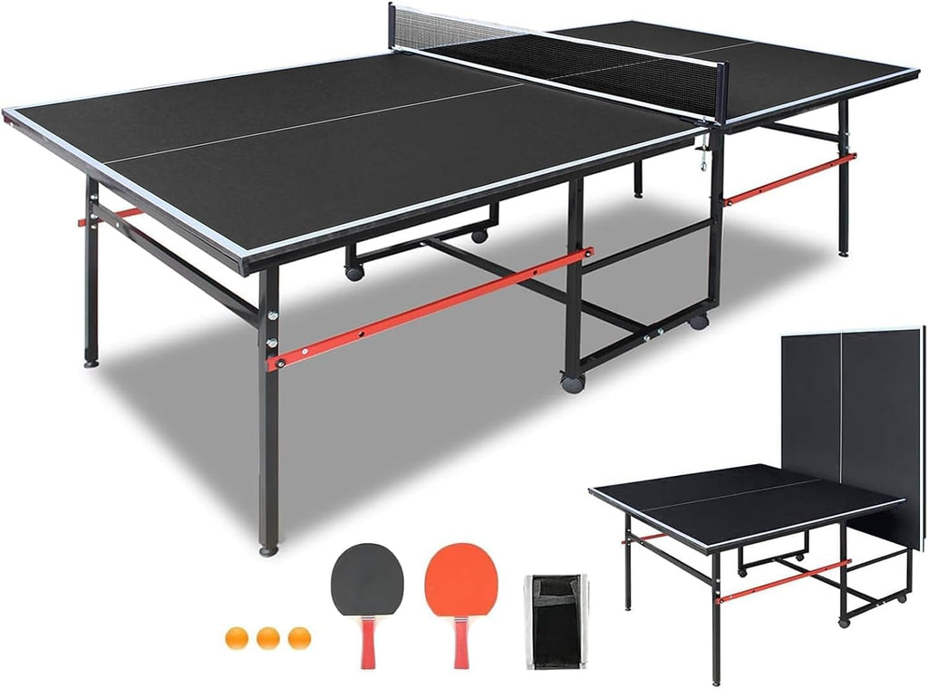IUNNDS Portable Table Tennis Table 4.5/6/8/9FT Foldable Ping Pong Game Set for Indoor with Net and Post Set, 2 Paddles and 3 Balls (Black-8FT)