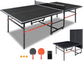 IUNNDS Portable Table Tennis Table 4.5/6/8/9FT Foldable Ping Pong Game Set for Indoor with Net and Post Set, 2 Paddles and 3 Balls (Black-8FT)