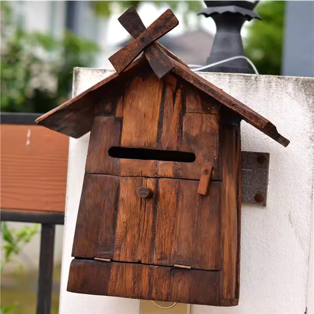 Windmill Wooden Letter Box Pastoral Country Mailbox Wall Mounted Post Box in Vintage and Distressed Style for Outdoor Use