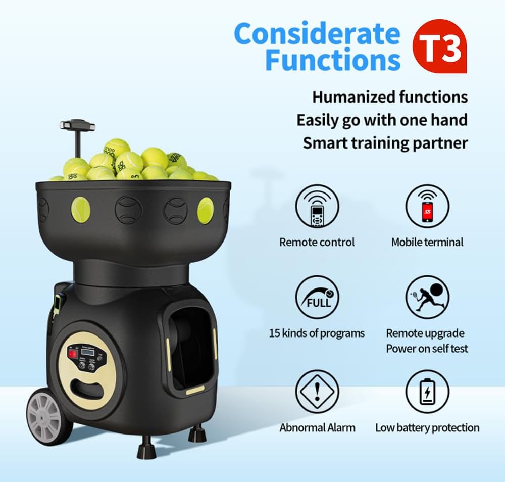Tennis Ball Machine Advanced Smart Programming- High Capacity with App/Remote, Adjustable Serve Speed & Outdoor Training for All Skill Levels (Beginners to Intermediate Players) (T3)