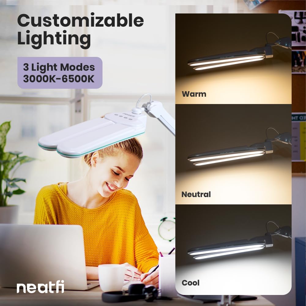 Neatfi Elite HD XL LED Desk Lamp | 3 Light Modes | Non-Polar Dimming | Eye-Caring Desk Light for Home Office, Drafting, Beauty Shop, Workbench (Blue Ring, CCT with Clamp)