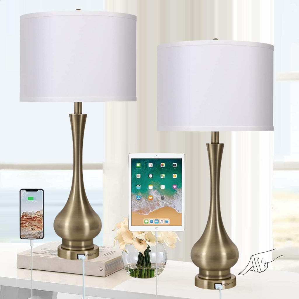 Touch Lamp for Bedrooms Set of 2, 3-Way Dimmable Nightstand Lamp Sets with Linen Fabric Shade, Bedside Lamp with USB Port & E26 Socket, Modern Tall Table Lamp for Bedroom, Living Room, Office