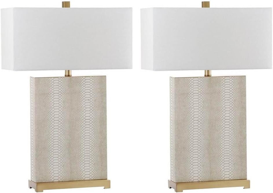 SAFAVIEH Lighting Collection – Set of 2 Joyce Modern Art Deco Faux Snakeskin Table Lamps, Cream with Brass Gold Accents, 28-Inch, LED Bulbs Included, Bedroom Living Room Home Office (LIT4402G-SET2)