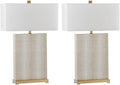 SAFAVIEH Lighting Collection – Set of 2 Joyce Modern Art Deco Faux Snakeskin Table Lamps, Cream with Brass Gold Accents, 28-Inch, LED Bulbs Included, Bedroom Living Room Home Office (LIT4402G-SET2)
