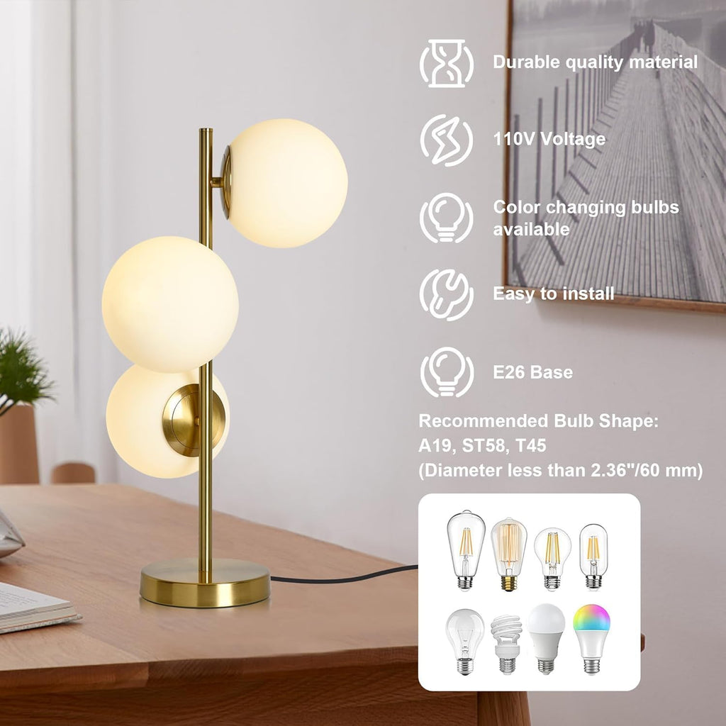 Bedside Table Lamps Set of 2, Mid Century Gold Globe Table Lamp, 3-Light Desk Lamp with Milk White Glass Shade Metal Base, Living Room End Table Lamp Nightstand Lamps for Bedroom