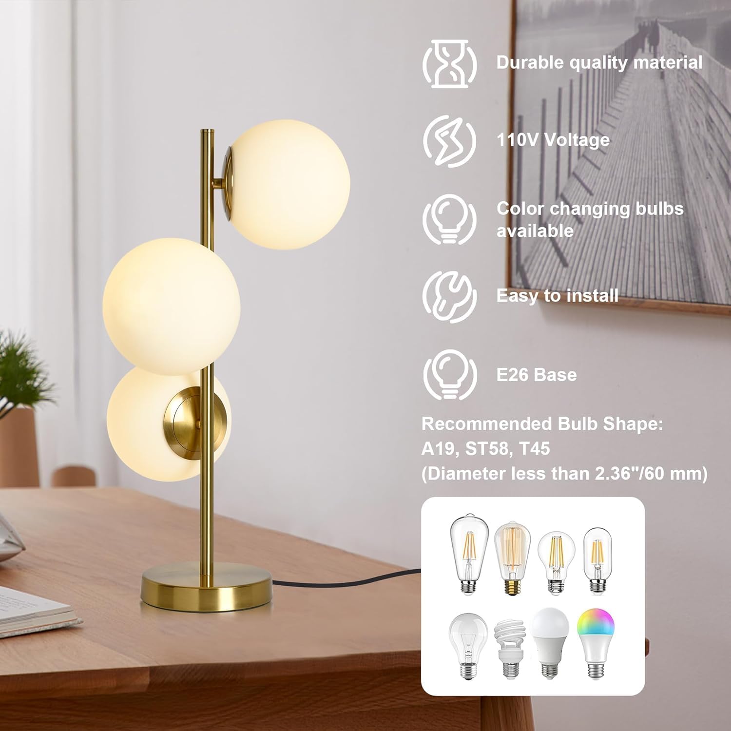 Bedside Table Lamps Set of 2, Mid Century Gold Globe Table Lamp, 3-Light Desk Lamp with Milk White Glass Shade Metal Base, Living Room End Table Lamp Nightstand Lamps for Bedroom