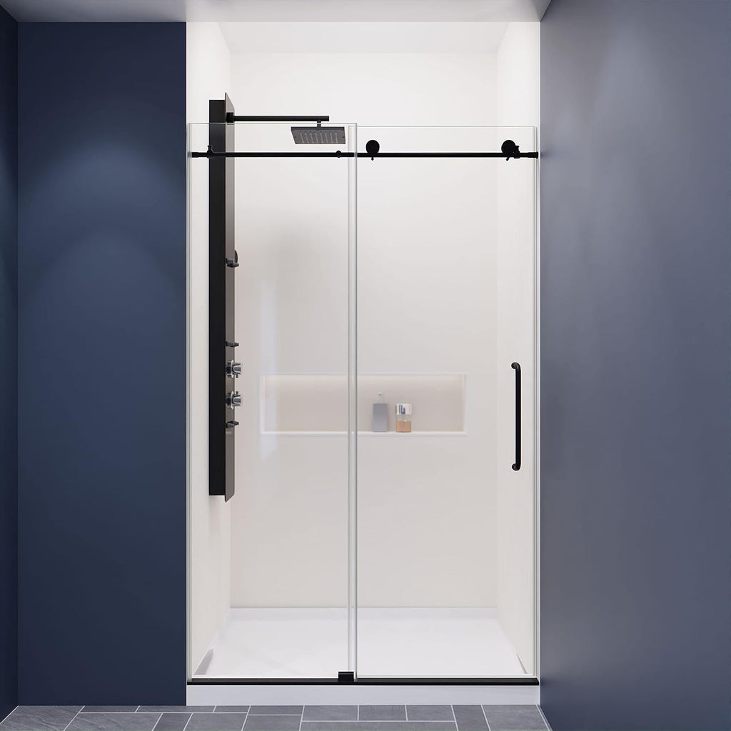 ANZZI 76' x 48' Frameless Shower Door, Matte Black, Madam Complete Shower Kit, Water Repellent Sliding Glass Panel + Bottom Seal Strip Parts + Easy Glide Rollers (SD-AZ13-01MB)
