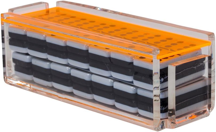Modern Double Six Jumbo Tiles Dominoes Set, Acrylic Box with Acrylic Lid, Professional Two Toned Black and White Dominoes, Brass Center Rivet, Made in USA (Neon Orange)