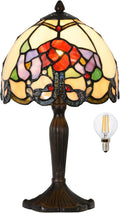TL0010 Small Tiffany Lamp Rose Flowers Design Stained Glass Table Lamp 8' D x 14.25' H for Living Room Bedroom Bedside Nightstand Home Office, LED Buld Included (Rose Flower)