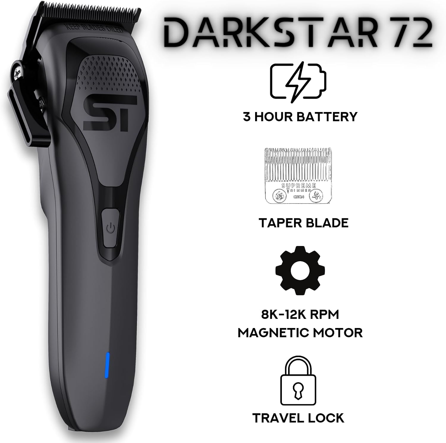 Supreme Trimmer Darkstar 72 Clipper with Magnetic Vector Motor | 180 Min Run Time, 9000 RPM Barber Hair Clipper | Low Noise, Professional Clipper DLC Blades | STC72