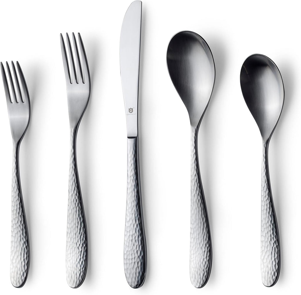 Danialli Matte Silverware Set, 18/10 Stainless Steel Satin Flatware, Modern Brushed Finish Cutlery, Dishwasher Safe & Durable, Built to Last (40-Piece, Marettimo Hammered)