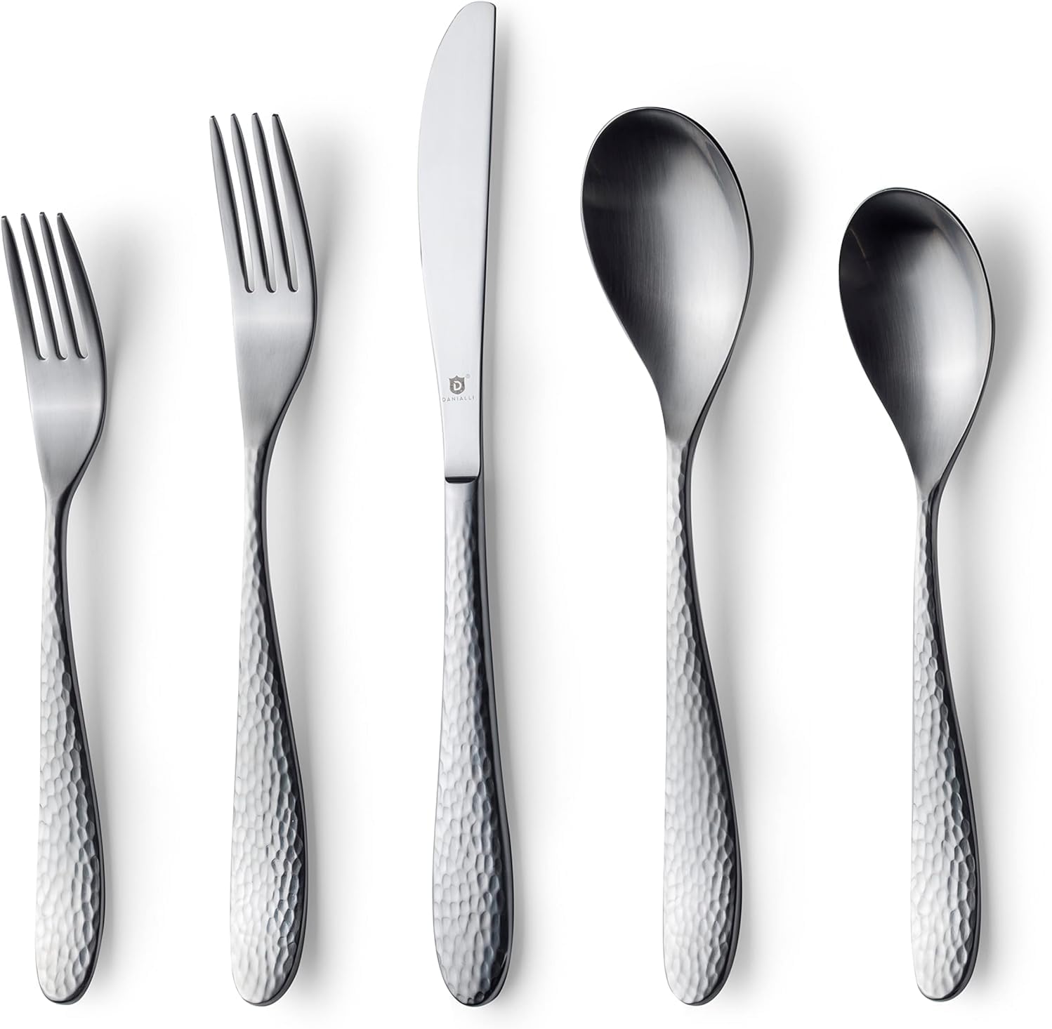 Danialli Matte Silverware Set, 18/10 Stainless Steel Satin Flatware, Modern Brushed Finish Cutlery, Dishwasher Safe & Durable, Built to Last (40-Piece, Marettimo Hammered)