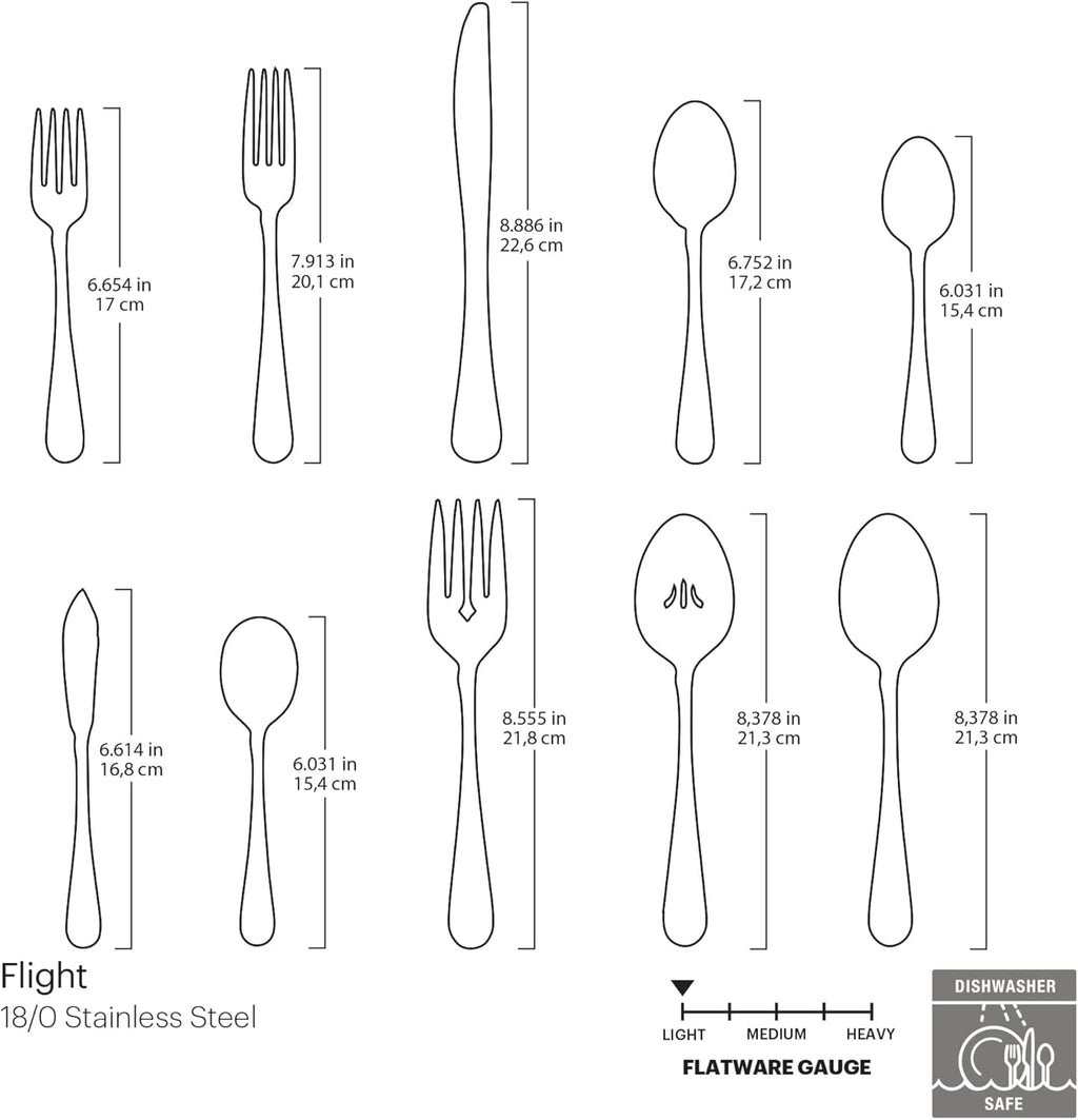 Oneida Silverware Set For 8, Flight 45-Piece Everyday Flatware Set with Serving Utensils, Service For 8, 18/0 Stainless Steel, Dishwasher Safe, Knives Spoons and Forks Set, Dining (Silver, 45 pieces)