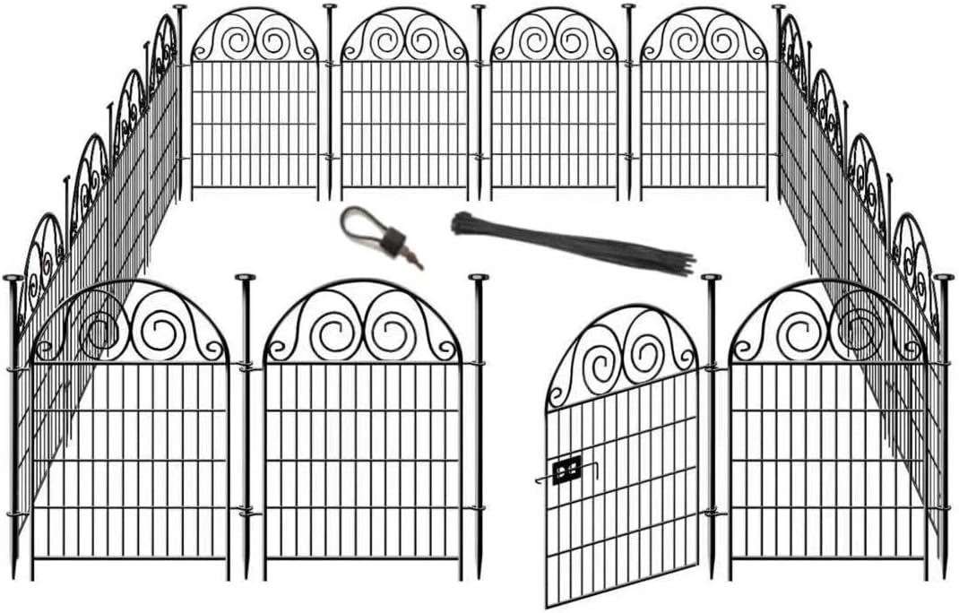 Getlay Tall Garden Animal Barrier Fencing with Gate, 32 in(H)×27 in(L) 16 Panels Dog Digging Fence Barrier, Black Metal Temporary Fence, Reusable Defense Fences for Outdoor Yard. Total 35 Ft│Patented