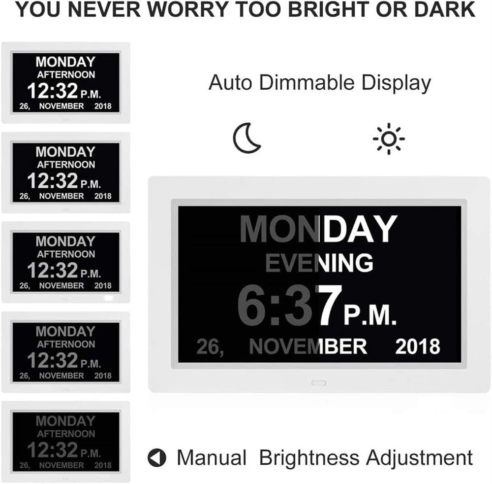 Dementia Clock,Remote Con Digital Calendar Day Alarm Clock,8 Alarms Dementia Clocks Extra Large Non-Abbreviated Alzheimer Memory Loss Vision Impaired Alarm Clock for Seniors Elderly ( Color : White ,