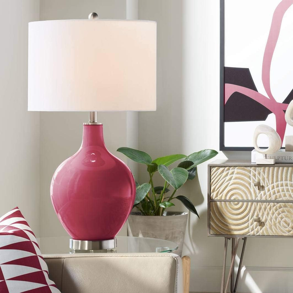 Color + Plus Modern Table Lamp 28.5' Tall Antique Red Glass OVO White Linen Drum Shade for Living Room Family Bedroom Bedside Nightstand Office