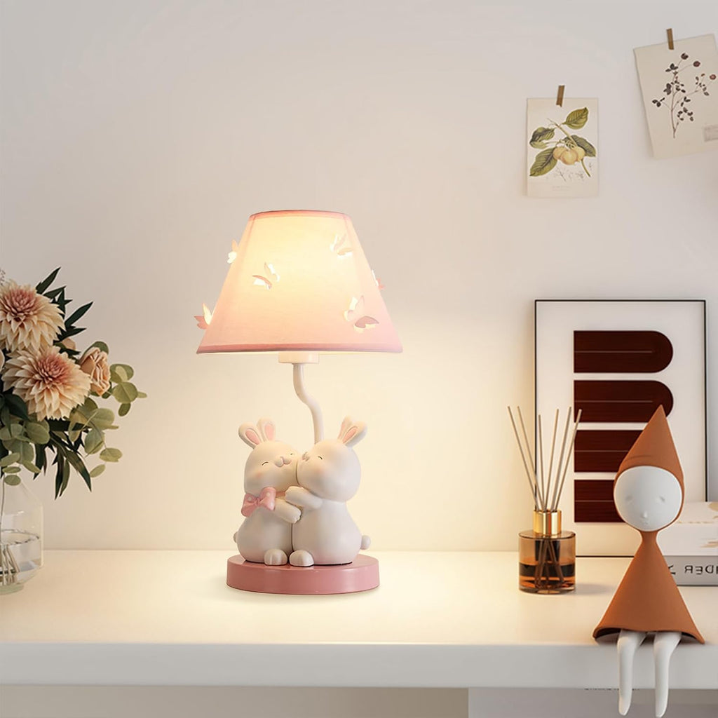 Pink Rabbit Lamp Cute Bunny Night Light Girl Lamp, Cartoon Animal Nightstand Lamps Bedside Table Lights, Children's Room Desktop Accent Lighting for Bedroom Dining Room Office Dorm