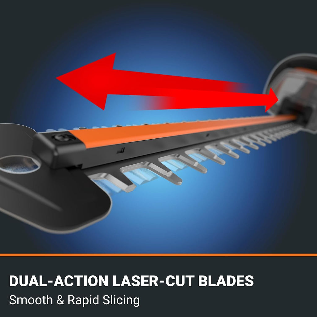 WORX Nitro 24' Cordless Hedge Trimmer, Electric Hedge Trimmer with Dual-Action Blades & 3400 SPM, Brushless Bush Trimmer with 180° Rotating Handle, 2 Batteries & Charger Included, WG286