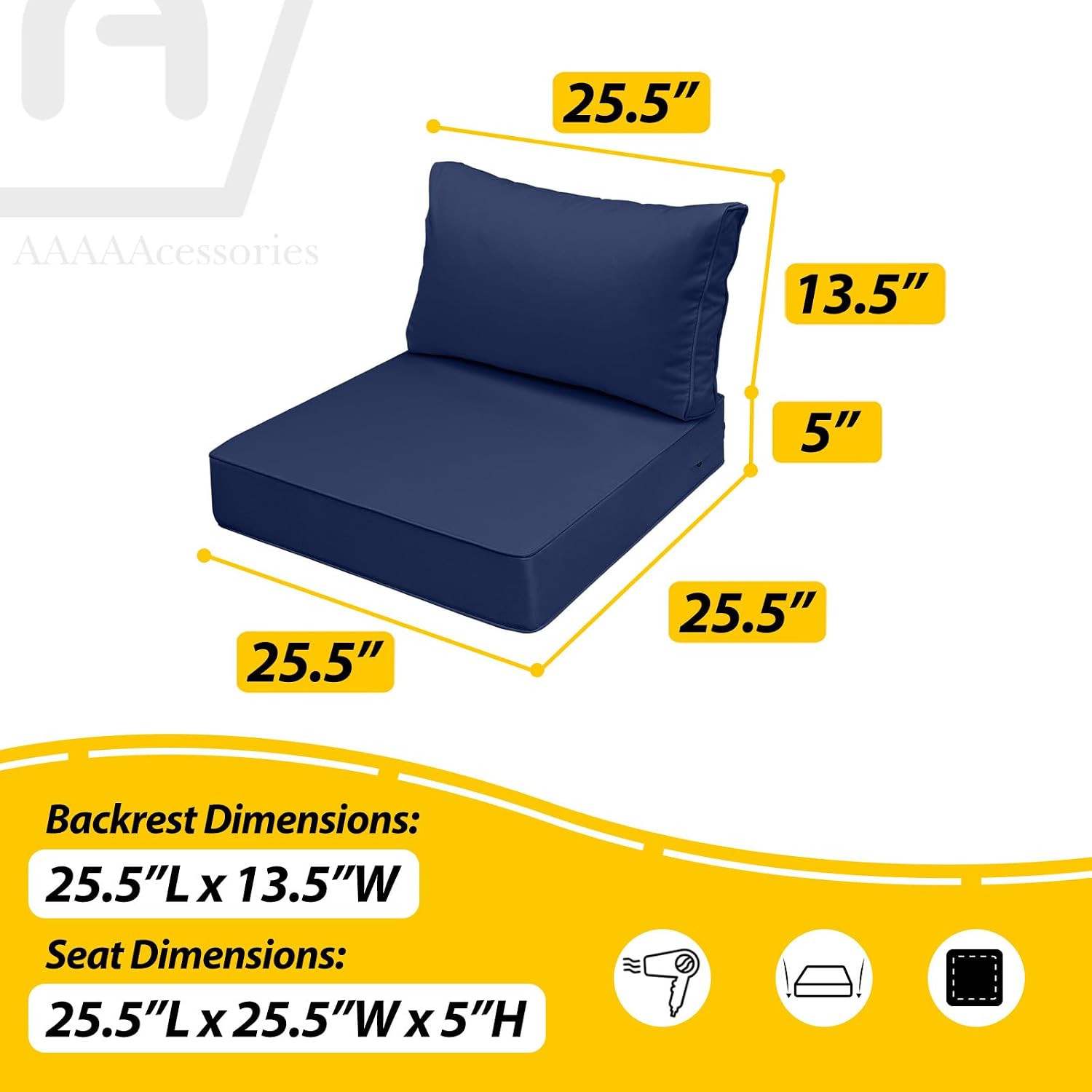 AAAAAcessories Outdoor Deep Seat Cushions, Waterproof, Fade-Resistant Patio Furniture Replacement Cushions, 25.5' x 25.5' x 5' + 25.5' x 13.5', Set of 4, Navy Blue