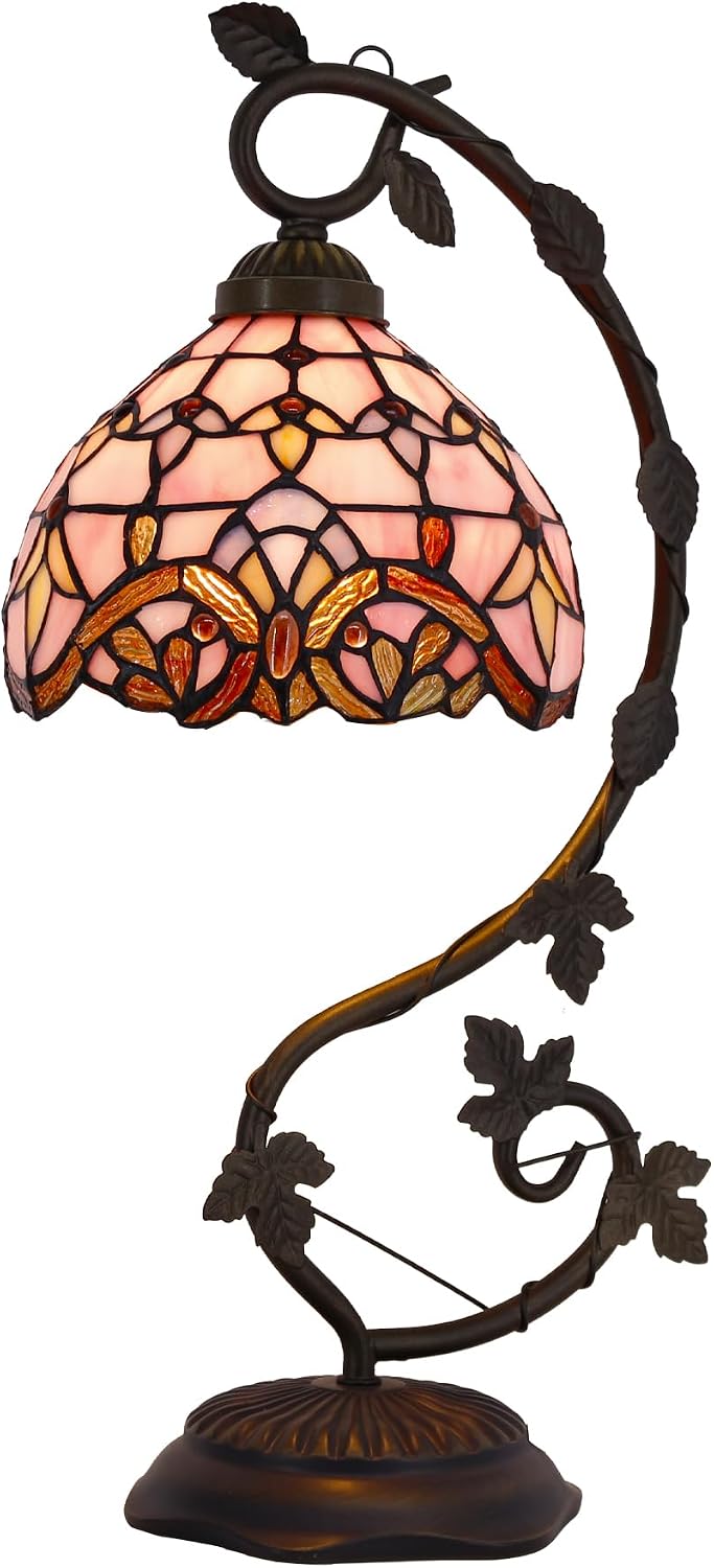 WERFACTORY Tiffany Table Lamp Pink Stained Glass Baroque Style Reading Desk Light, Metal Leaf Base 8X10X21 Inches Decor Small Space Bedside Bedroom Home Office S003P Series