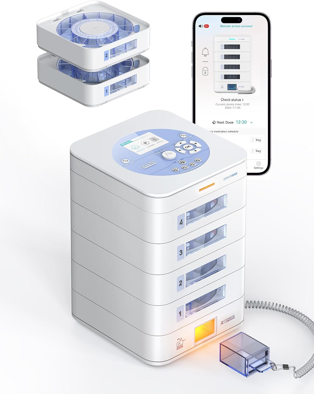 56-Day(1X) Automatic Pill Dispenser (Expandable Tray) – App & On-Device Setup by Family, LCD Display, Digital Lock, Sound & Light Alerts –Safe Medication Organizer for Dementia Seniors (4-Tray, White)