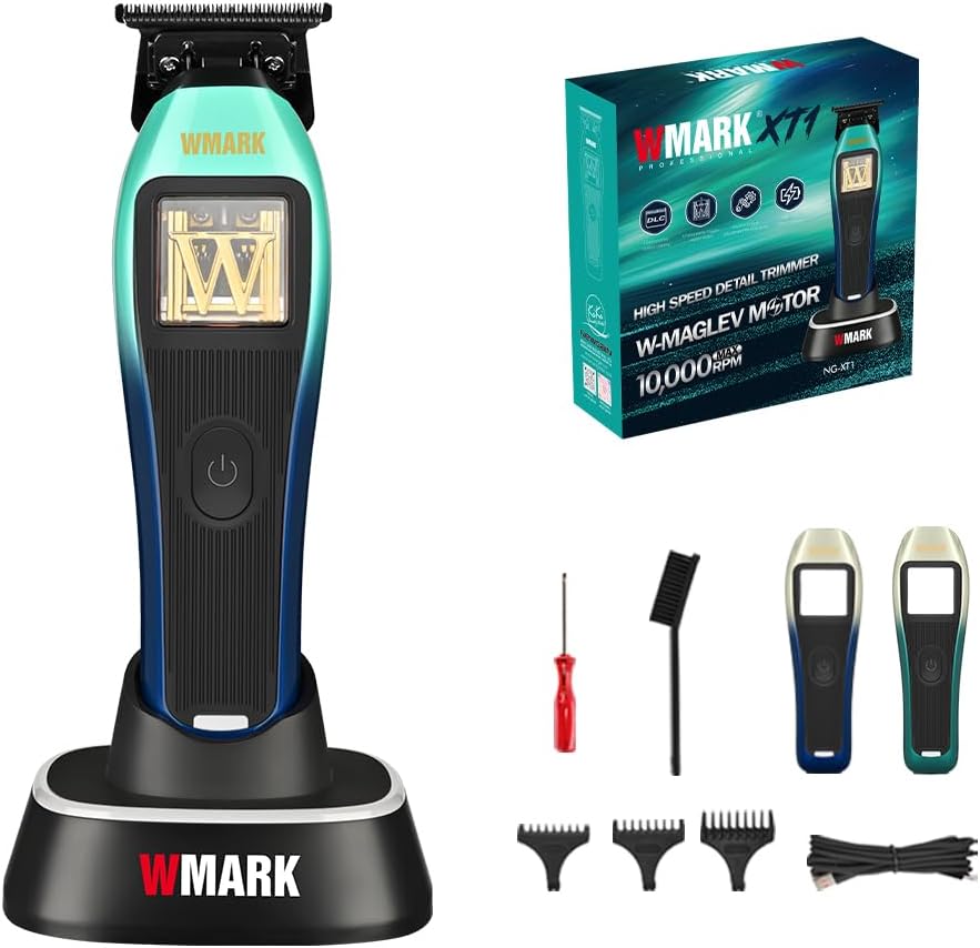 WMARK Professional Cordless Detail Hair Trimmer for Men & Barbers - 10,000 RPM Maglev Vector Motor, DLC Blade, 3 Gradient-Colored Modular Lids & Repair Tools, Rechargeable, NG-XT1 Polar