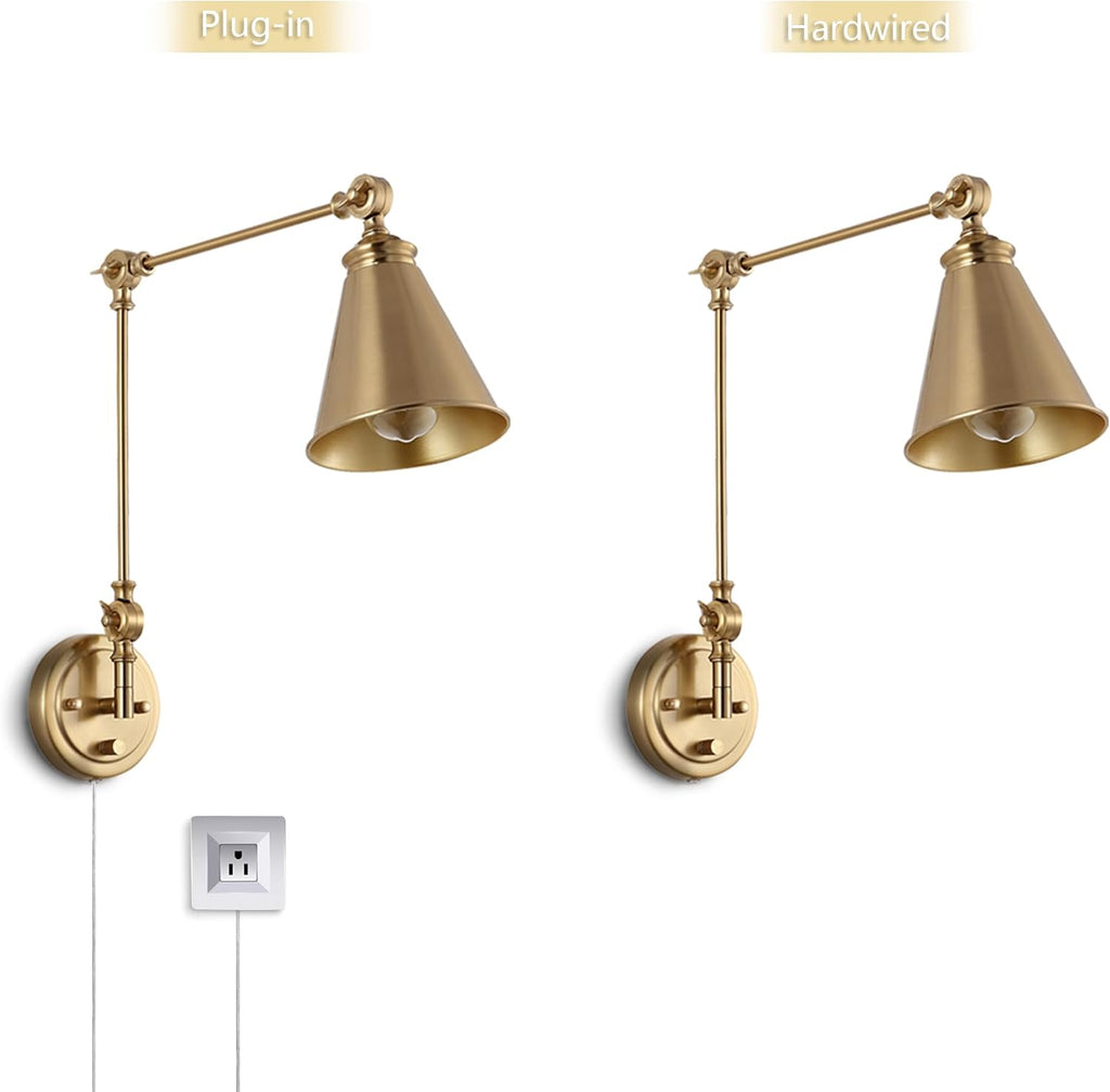 WINGBO Farmhouse Swing Arm Wall Sconce Set of 2, Industrial Adjustable Wall Lamp Light Fixture for Living Room Bedroom Vanity Study Desk Office, Plug in or Hardwired, Brass