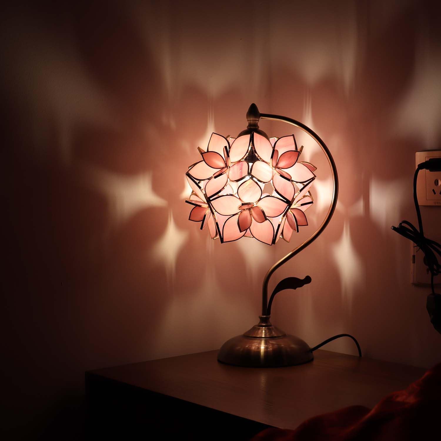 Bieye L10833 Rose Lily Flower Tiffany Style Stained Glass Table Lamp with Vintage Brass Base Electroplating Finish for Bedside Bedroom Living Room Home Decoration, 8 inch Wx17 inch H, 8 inch Rose Lily