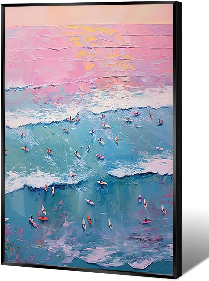 Trendy Summer Wall Art Blue Beach Poster Pink Sky Canvas Preppy Ocean Surf Print Beachy Painting Coastal Picture Aesthetic for Teen Girls Dorm Bedroom Apartment Decoration 24x36inch Metal Black Framed