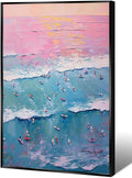 Trendy Summer Wall Art Blue Beach Poster Pink Sky Canvas Preppy Ocean Surf Print Beachy Painting Coastal Picture Aesthetic for Teen Girls Dorm Bedroom Apartment Decoration 24x36inch Metal Black Framed