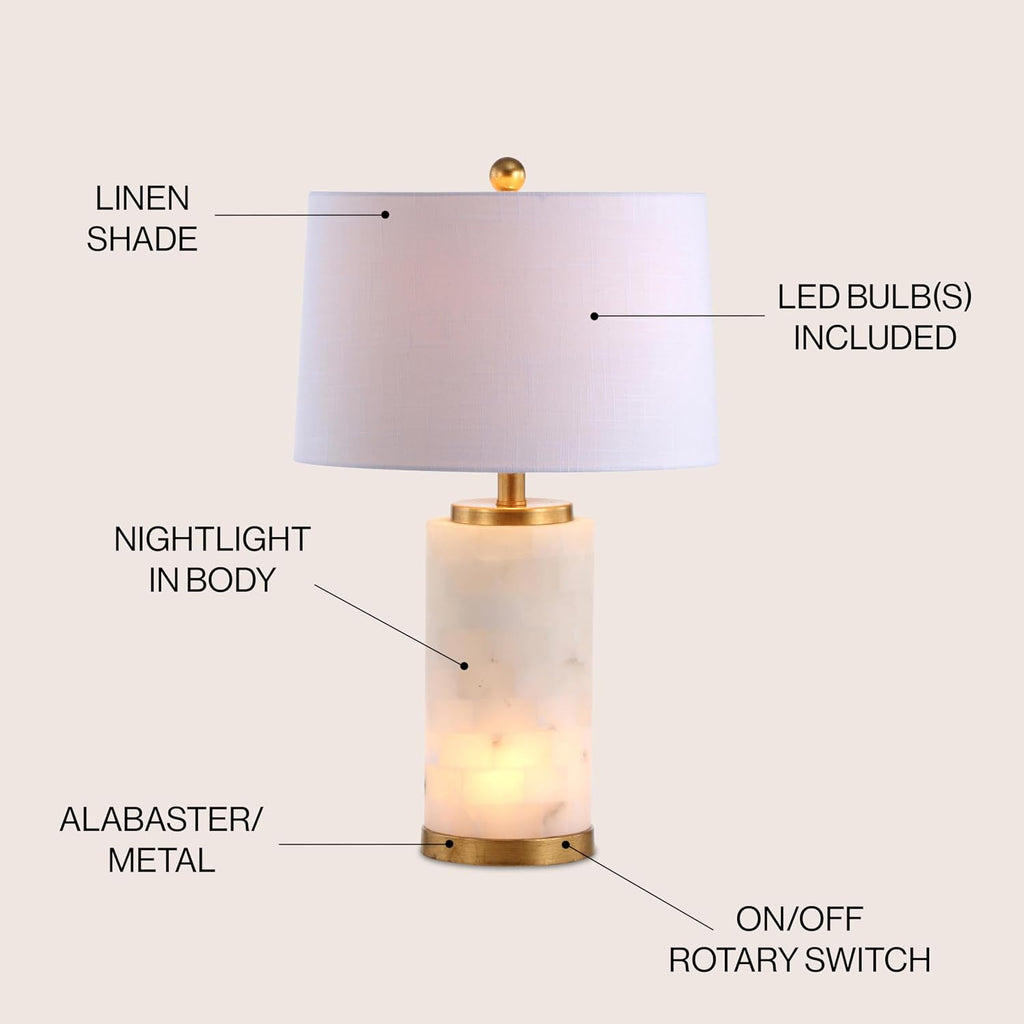 JONATHAN Y 25.5' White/Gold Leaf Alabaster 2-Light Rectangular Table Lamp with Night Light Modern Coastal Bedside Lamp for Bedroom with White Linen Drum Shade LED Bulbs Included JYL6203A