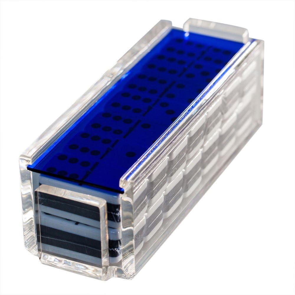 Modern Double Six Jumbo Tiles Dominoes Set, Acrylic Box with Acrylic Lid, Professional Two Toned Black and White Dominoes, Brass Center Rivet, Made in USA (Blue)