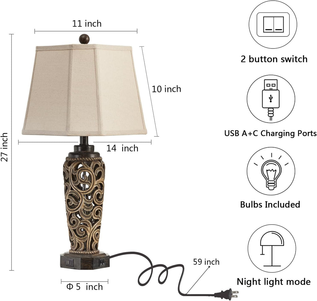 AIEAMPDO 27' Set of 2 Farmhouse Table Lamps for Living Room with USB A+C Ports, Vintage Nightstand Bedroom Lamp and Nightlight, Hollow Out Resin Desk Lamps, 2 Bulbs Include