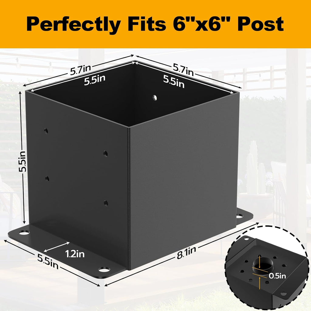 FMhotu 6x6 Post Base 10 Pcs,Inner Size 5.5'x5.5' Post Base Brackets, Heavy Duty Powder-Coated Post Anchor Fence Post Anchor,Black Wood Post Brackets for Pavilion Deck Railing Support Deck Base Plate