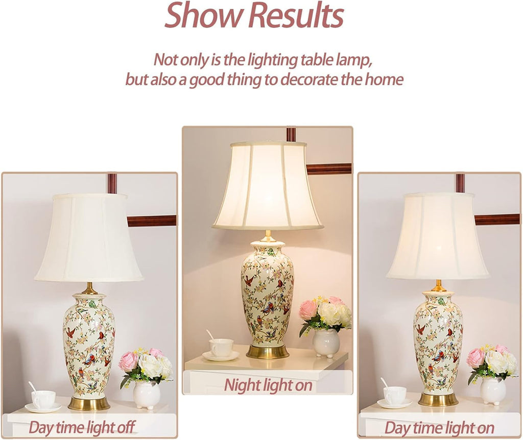 White 27' Flower and Bird Ceramics Table Lamp Chinoiserie Desk Lamp,Fabric Drum Shade,Gold Base, Tall Table Lamp Decor for Living Room Bedroom Bedside Office College Bookcase