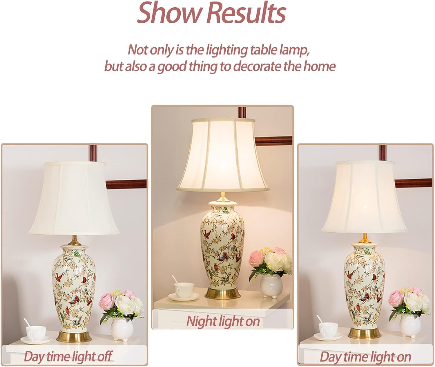 White 27' Flower and Bird Ceramics Table Lamp Chinoiserie Desk Lamp,Fabric Drum Shade,Gold Base, Tall Table Lamp Decor for Living Room Bedroom Bedside Office College Bookcase