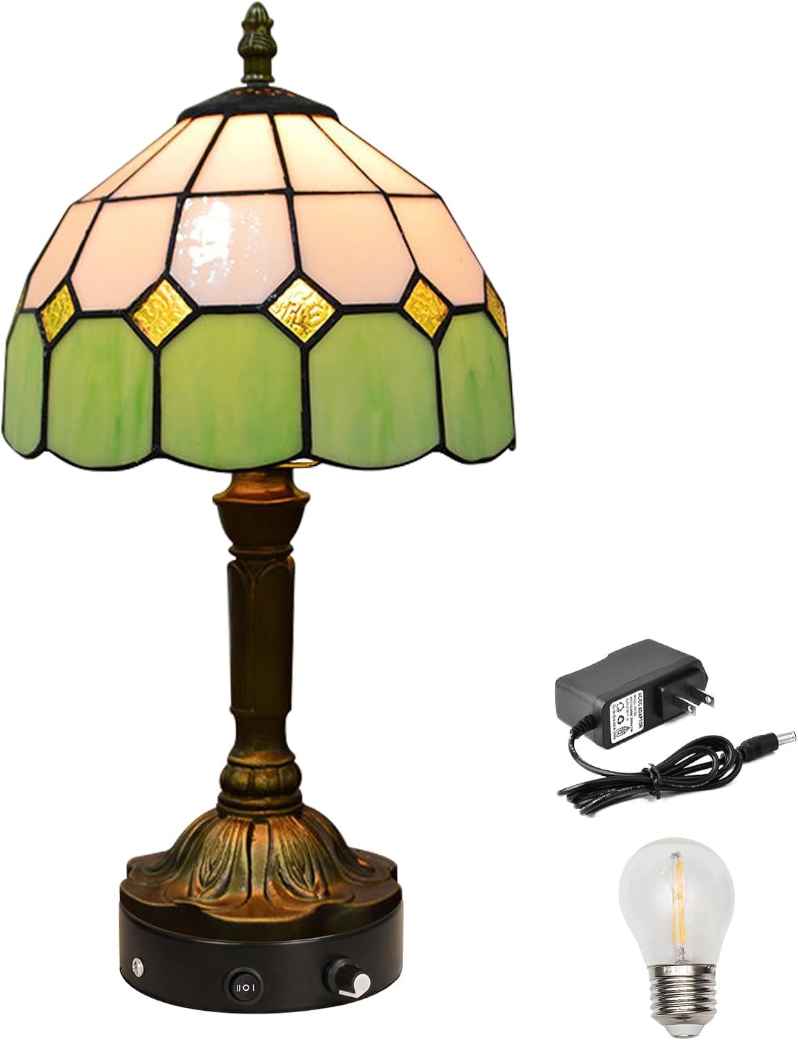 Kiven Cordless Table Lamp, Dimmable Bedside Lamps for Nightstand with Green Glass Lampshade, Tiffany-Style Rechargeable Desk Lamp for Reading Home Decor Bedside,1-Light