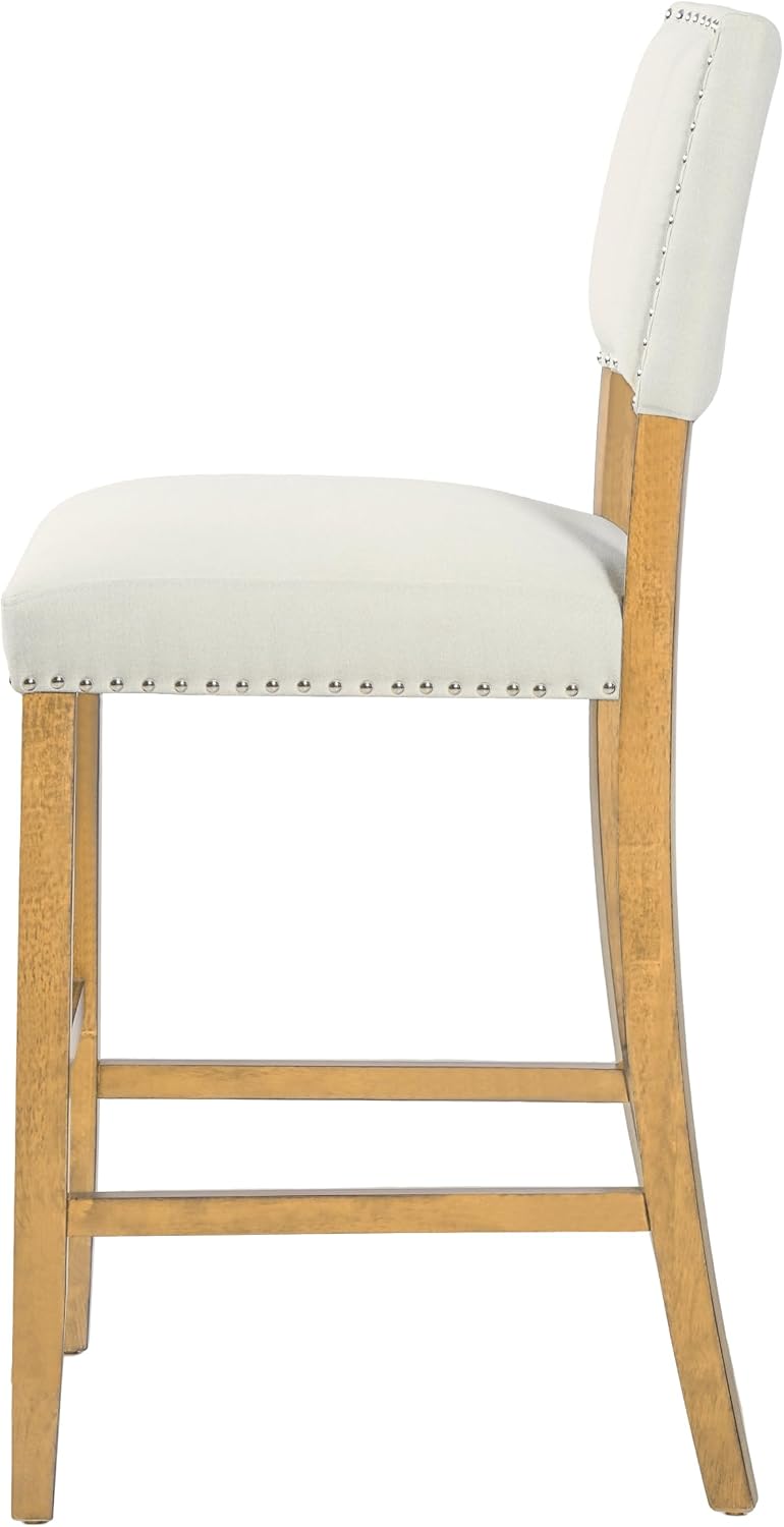 Christopher Knight Home Yorick Counter Height Bar Stools Set of 2, Fabric Upholstered Bar Stool for Kitchen Island, Wooden Dining Room Chair with Rivet Decor, Counter Stool with Footrest, Beige