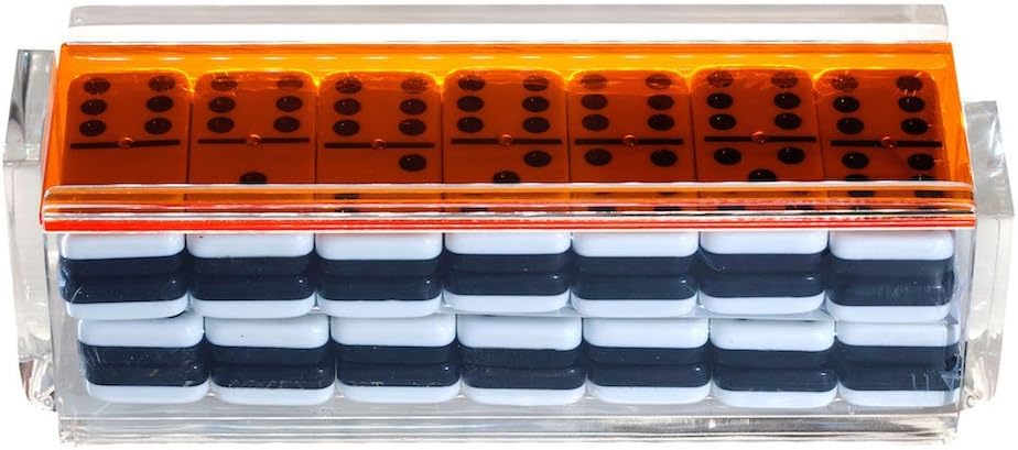 Deluxe Double Six Dominoes Set for Adults, Dominoes Double 6 Set in Acrylic Box with Color Lid, Dominos Set with Professional Jumbo Tile with Spinner Dominoes Game, Made in USA (Orange)