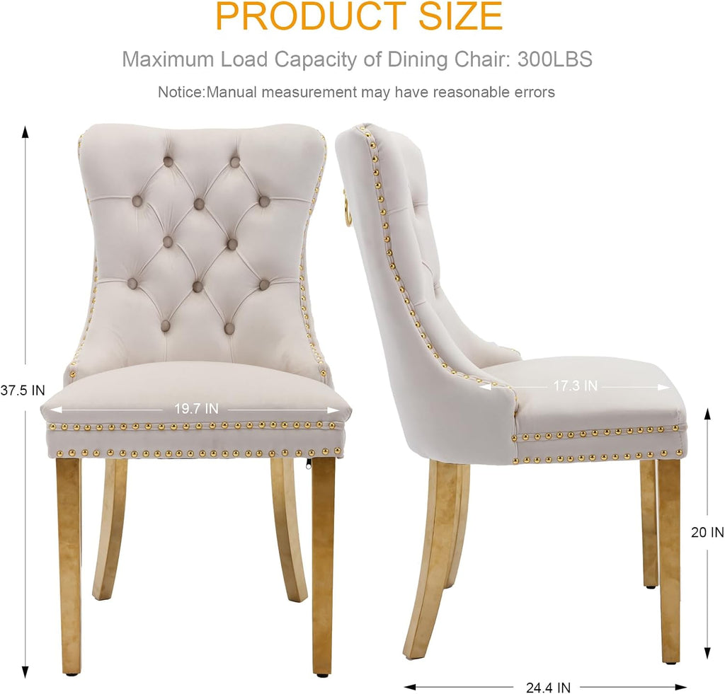 Velvet Dining Chairs Set of 6, Tufted Upholstered Dining Room Chairs with Back Ring Pull, Nailhead Trim and Golden Legs, Modern Dinning Chairs for Dining Room, Kitchen(Beige)