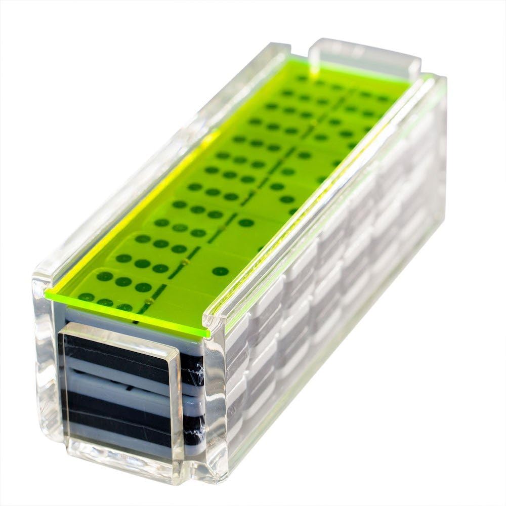 Modern Double Six Jumbo Tiles Dominoes Set, Acrylic Box with Acrylic Lid, Professional Two Toned Black and White Dominoes, Brass Center Rivet, Made in USA (Neon Green)