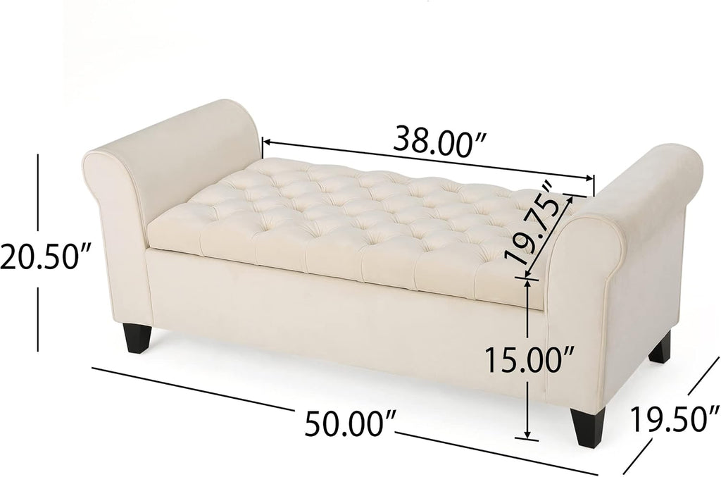 Upholstered Storage Bench, 50-inch Ivory Fabric with Rivet-Trimmed Armrests and Black Legs Bedroom Upholstered Window Seat Bench Storage Bench Suitable for Living Rooms, Bedrooms, and Entryways
