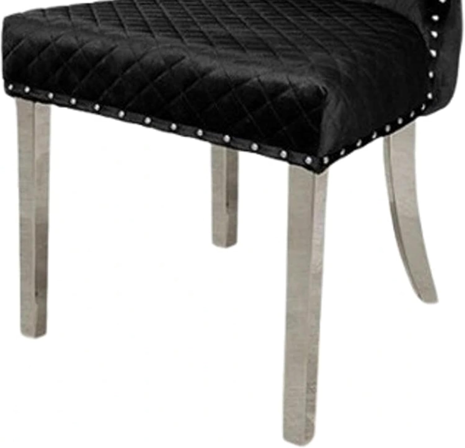 Anova Side Dining Chair Set of 2, Rivet Trim, Silver Stainless Steel, Black Fabric