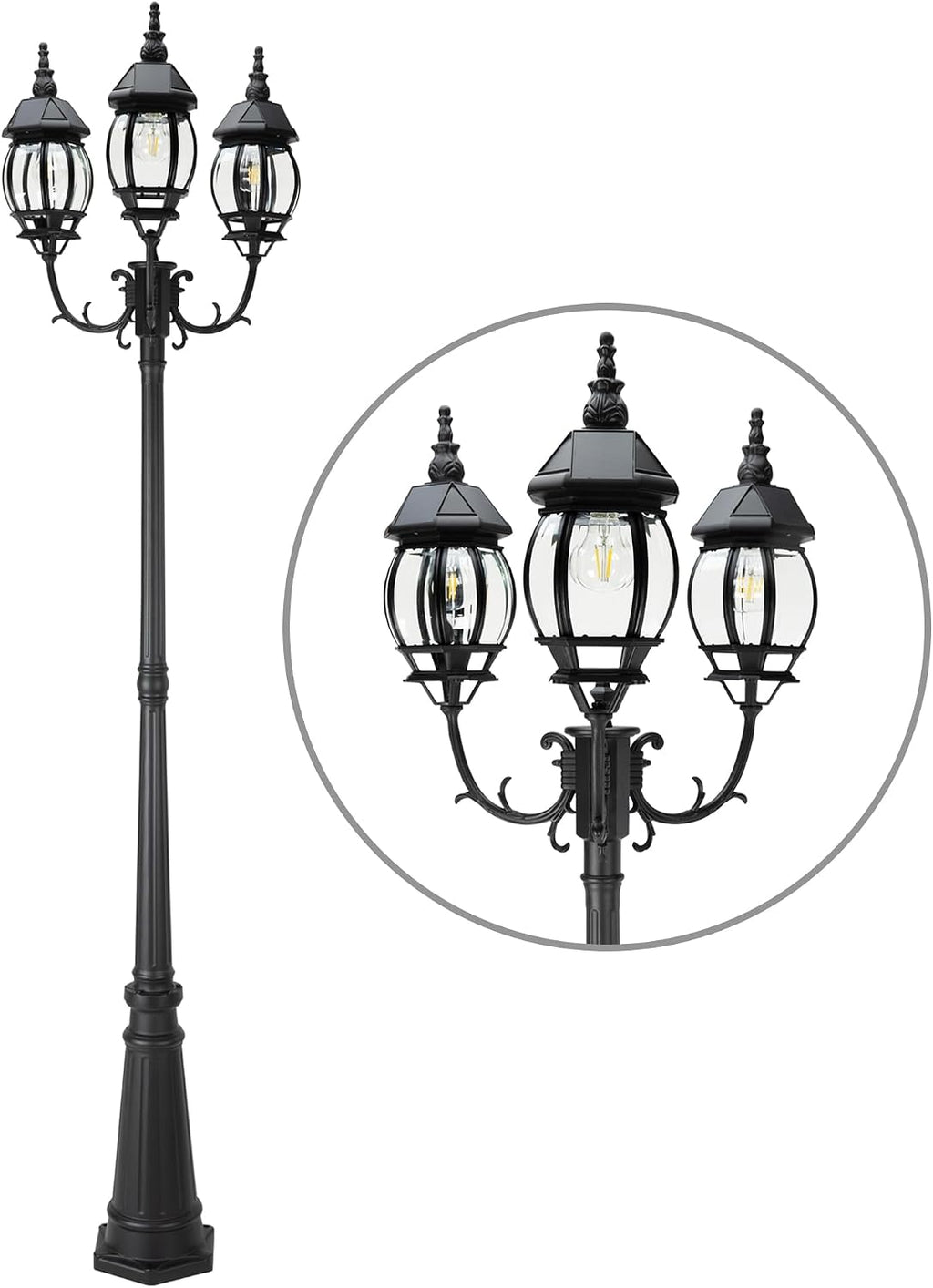 LUTEC Outdoor Solar Post Light with Triple-Head, Dusk to Dawn Lamp Post for Lawn Pathway Garden, Black Aluminium Vintage Street Light with Clear Glass Panels (Bulbs Included)