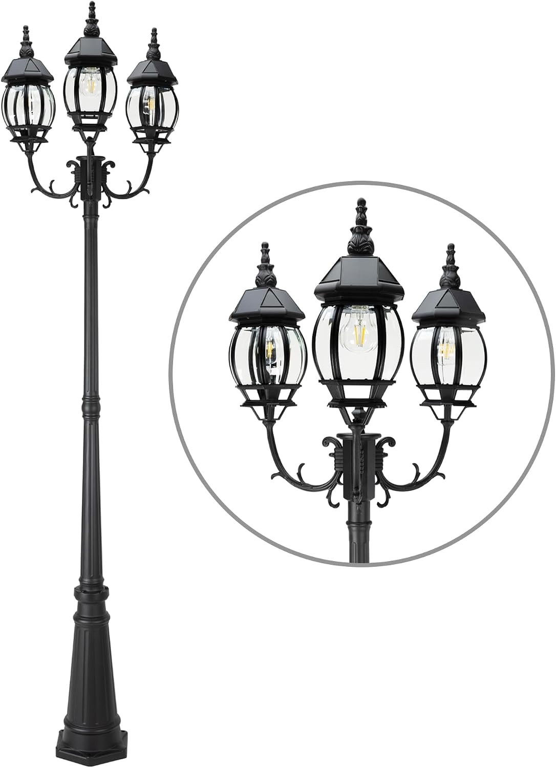 LUTEC Outdoor Solar Post Light with Triple-Head, Dusk to Dawn Lamp Post for Lawn Pathway Garden, Black Aluminium Vintage Street Light with Clear Glass Panels (Bulbs Included)