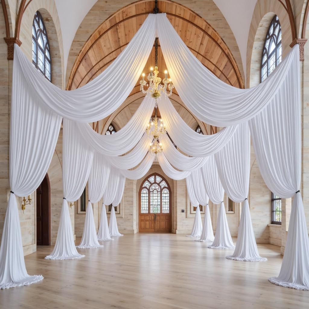 40ft x 15ft Long White Backdrop Curtains for Wedding Parties, Wrinkle Free Polyester 8 Panels 15 ft Photo Backdrop Drapes Back Drop Cloth Drapery for Birthday Photography Background Curtain