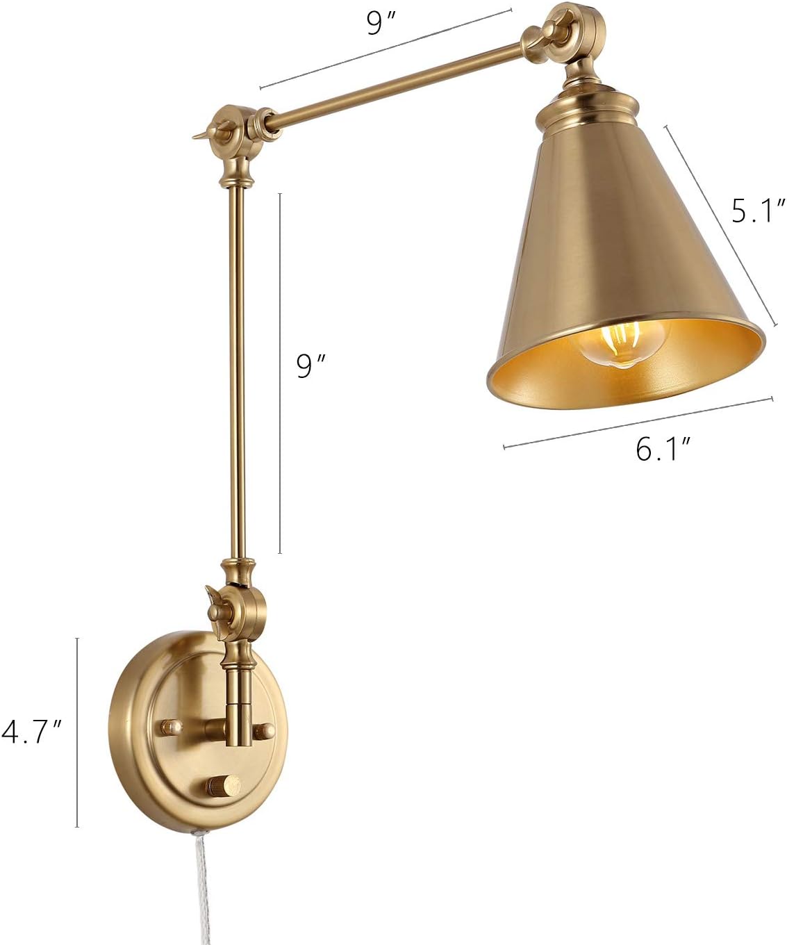 WINGBO Farmhouse Swing Arm Wall Sconce Set of 2, Industrial Adjustable Wall Lamp Light Fixture for Living Room Bedroom Vanity Study Desk Office, Plug in or Hardwired, Brass
