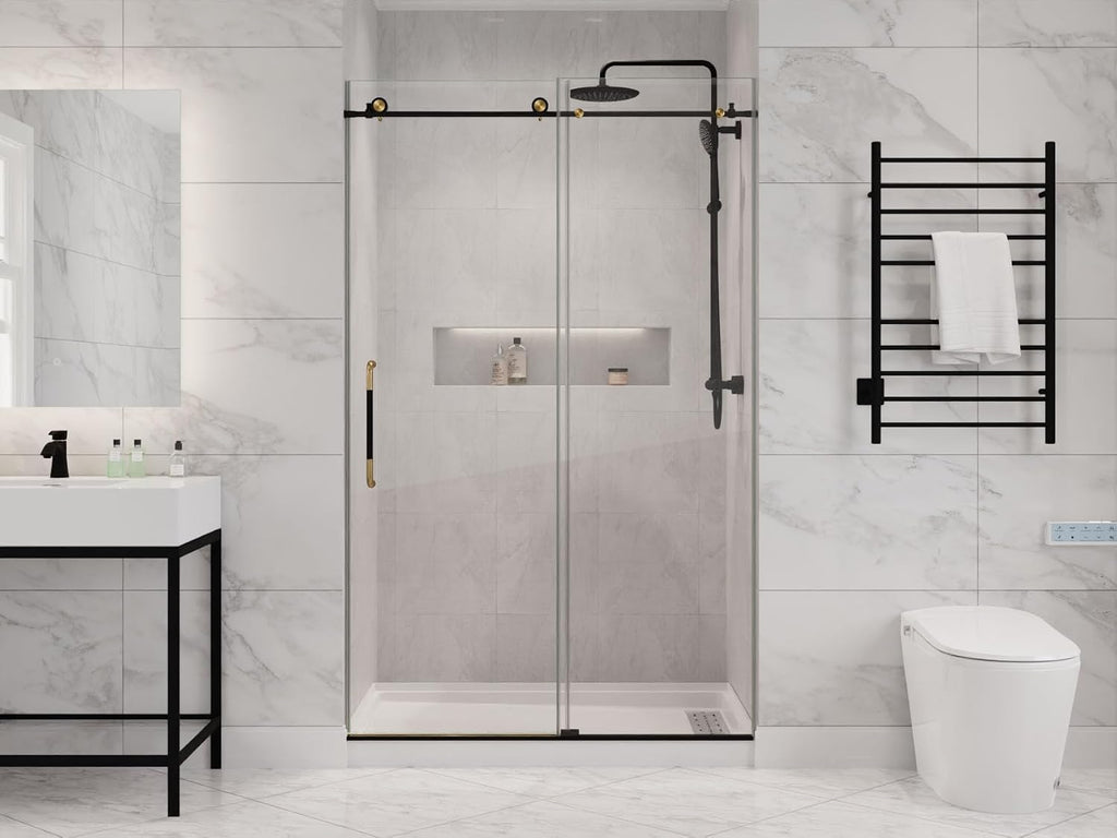 ANZZI Frameless Shower Door 76' x 48' Frameless Shower Door with Sliding - Matte Black and Brushed Gold - Madam Series (SD-AZ13-01MBBG)